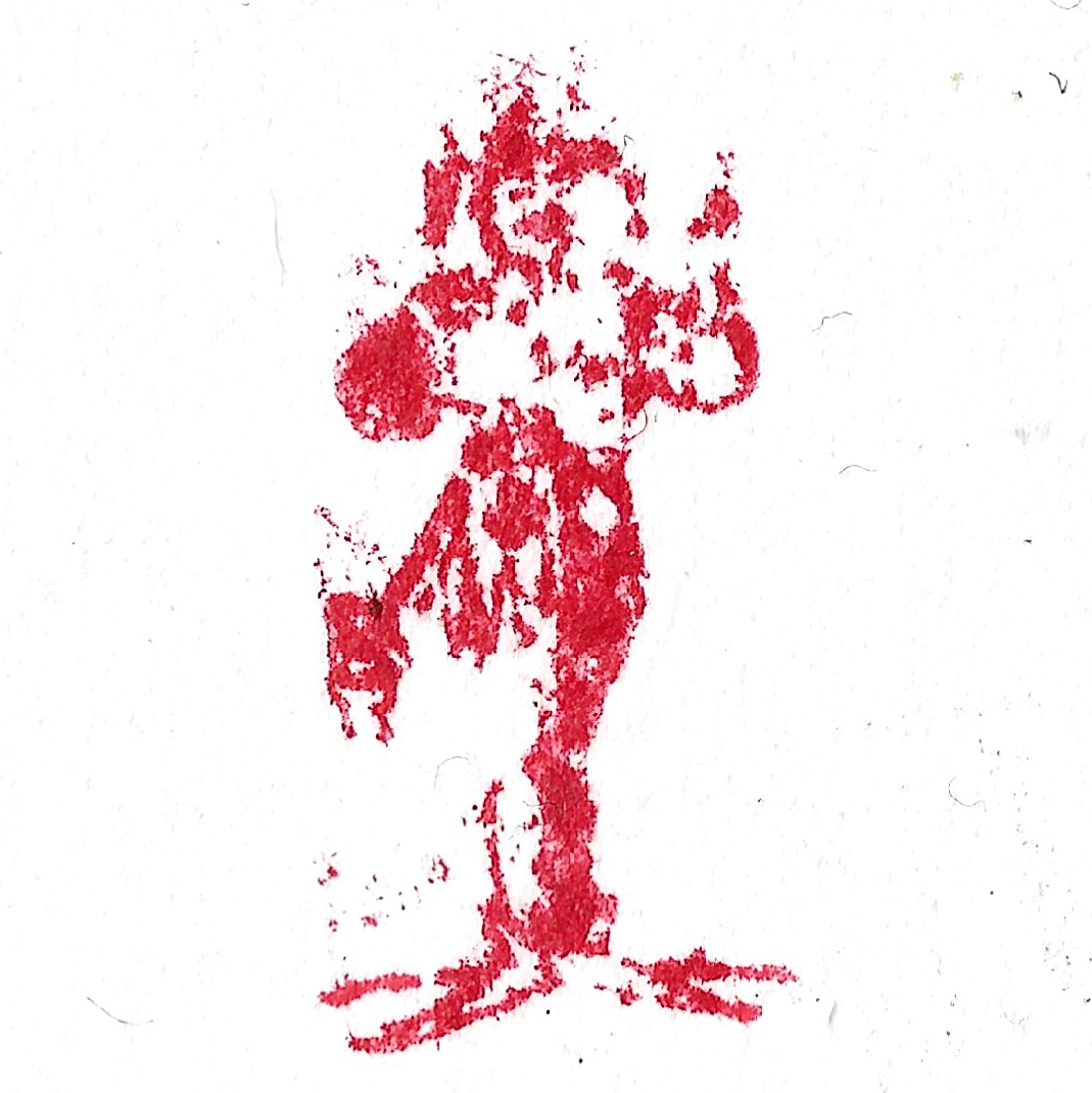 A red ink print from a metal stamp depicting a Jester. This one slipped and is blurred slightly north to south